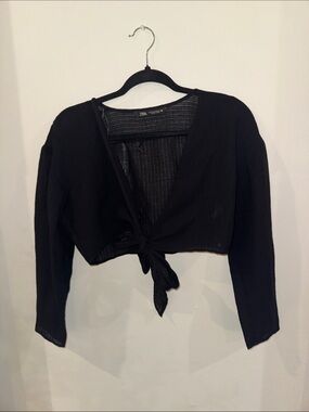 Zara Black Ribbed Tie-Front Cropped Top